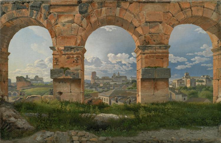 Christoffer Wilhelm Eckersberg View through three northwest arches of the Colosseum in Rome.Storm gathering over the city (mk09) oil painting image